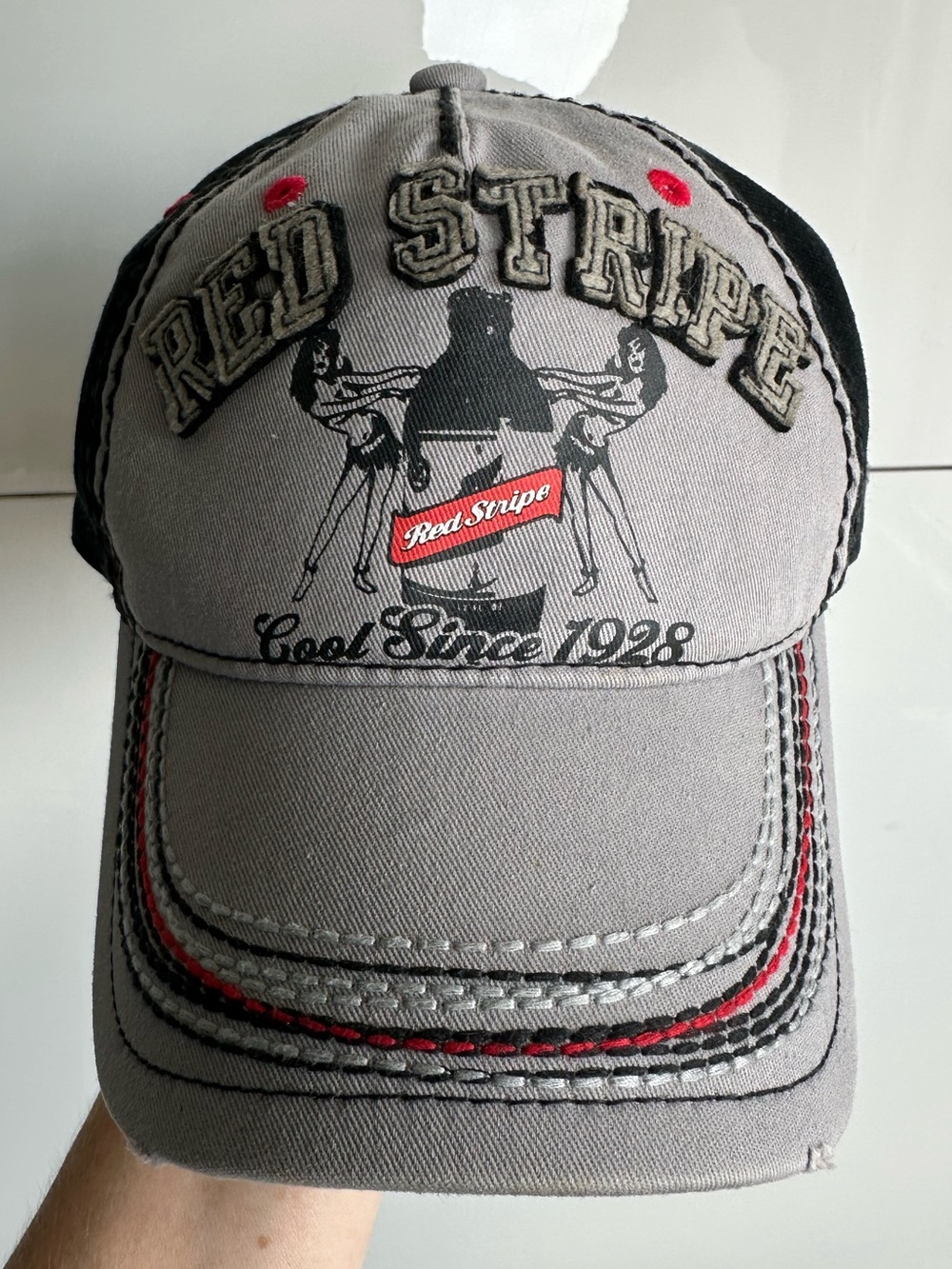 Red Stripe Hat Cap Jamaican Beer Pin Up Gray Black Cotton